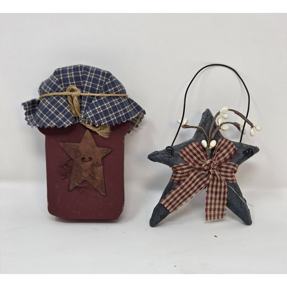 Primitive Country Star Ornament & Mason Jar Plaque Set Pip Berry Farmhouse Decor